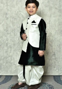 Contrast Trim Dupion Dhoti Kurta in Dark Green and Off White