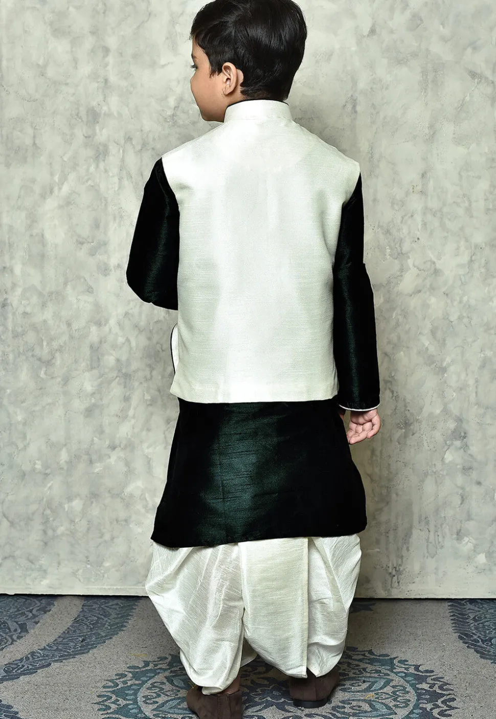 Contrast Trim Dupion Dhoti Kurta in Dark Green and Off White