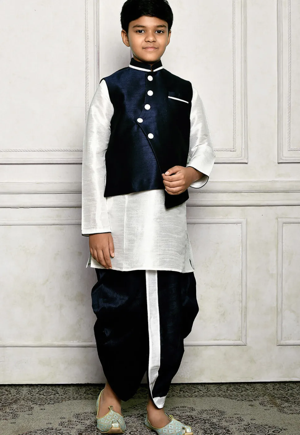 Contrast Trim Dupion Dhoti Kurta Jacket in Off White and Blue
