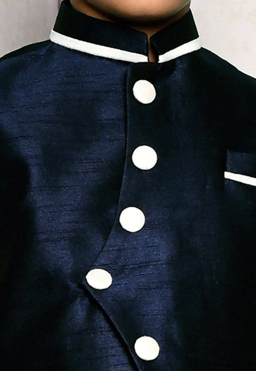 Contrast Trim Dupion Dhoti Kurta Jacket in Off White and Blue