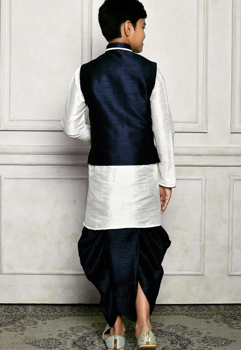 Contrast Trim Dupion Dhoti Kurta Jacket in Off White and Blue