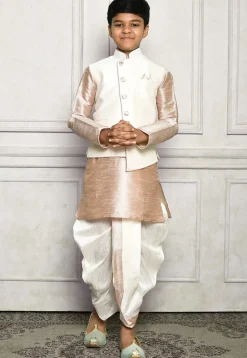 Contrast Trim Dupion Dhoti Kurta Jacket in Beige and Off White
