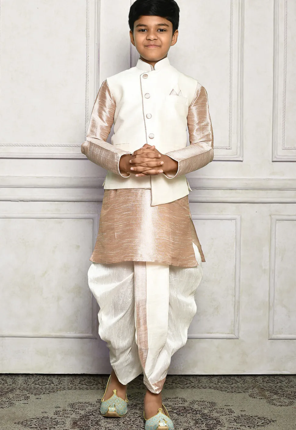 Contrast Trim Dupion Dhoti Kurta Jacket in Beige and Off White