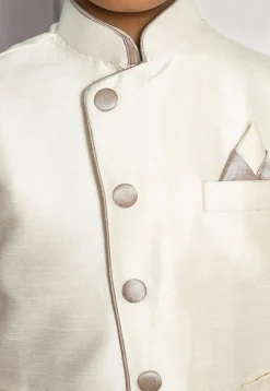 Contrast Trim Dupion Dhoti Kurta Jacket in Beige and Off White