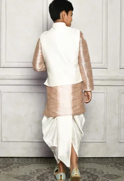 Contrast Trim Dupion Dhoti Kurta Jacket in Beige and Off White