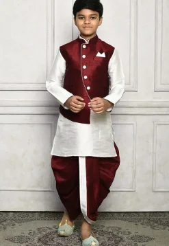Contrast Trim Dupion Dhoti Kurta Jacket in White and Maroon