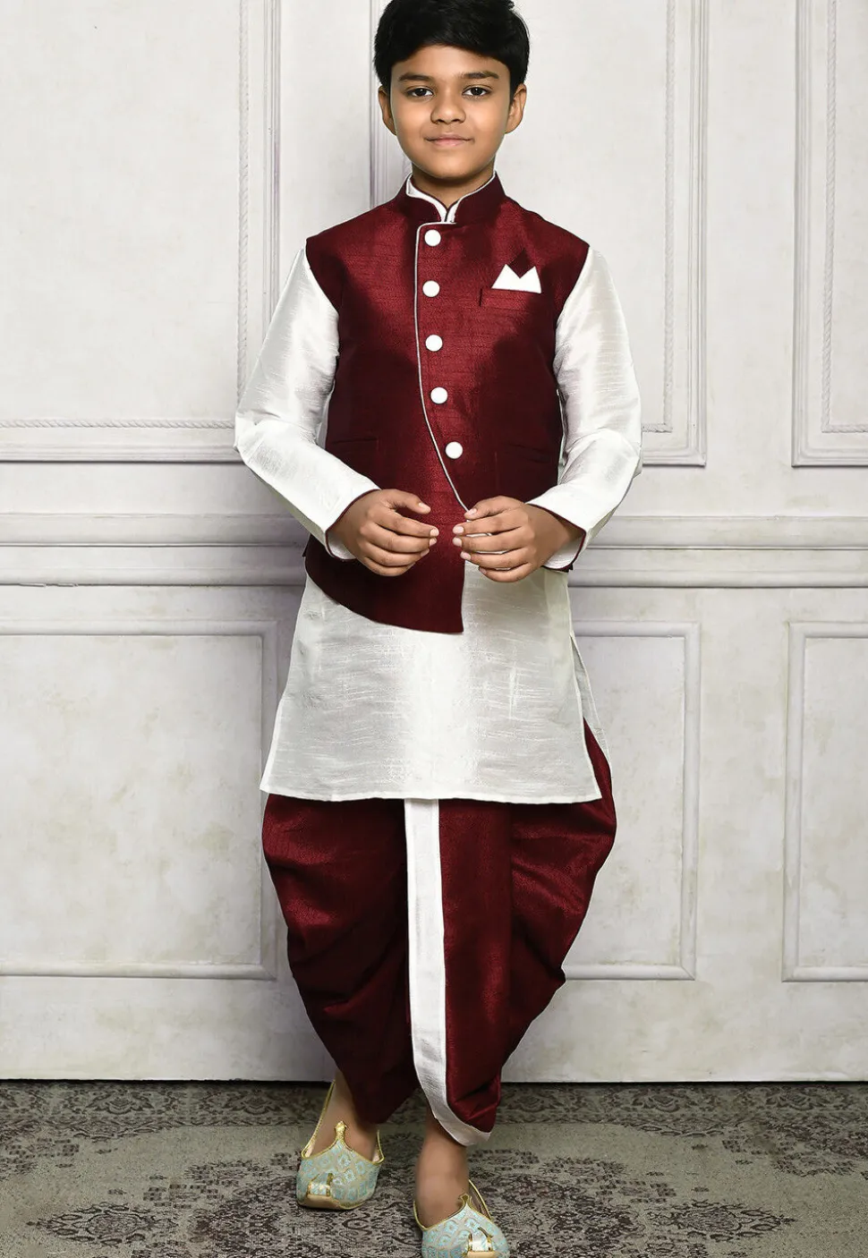 Contrast Trim Dupion Dhoti Kurta Jacket in White and Maroon