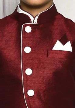 Contrast Trim Dupion Dhoti Kurta Jacket in White and Maroon