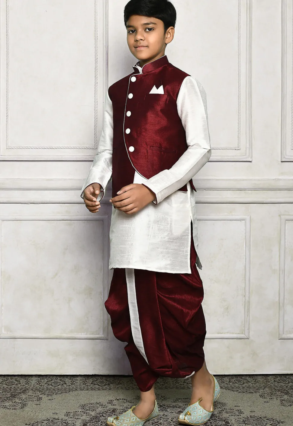 Contrast Trim Dupion Dhoti Kurta Jacket in White and Maroon