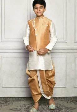 Contrast Trim Dupion Dhoti Kurta Jacket in Off White and Beige