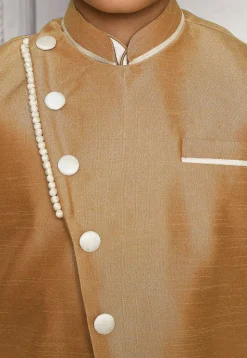 Contrast Trim Dupion Dhoti Kurta Jacket in Off White and Beige