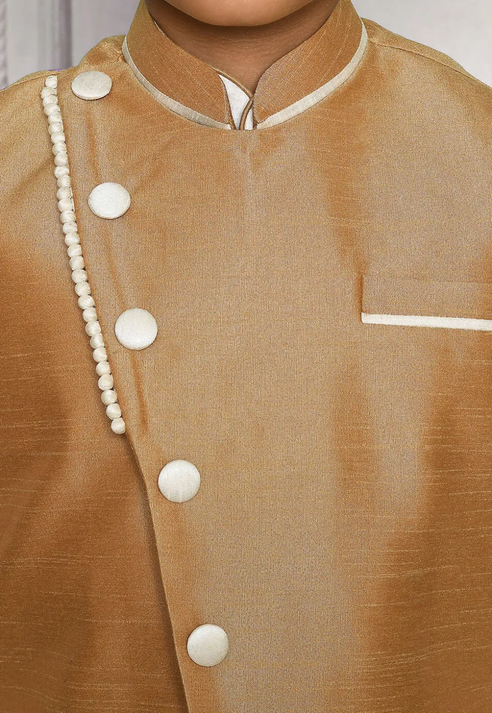 Contrast Trim Dupion Dhoti Kurta Jacket in Off White and Beige