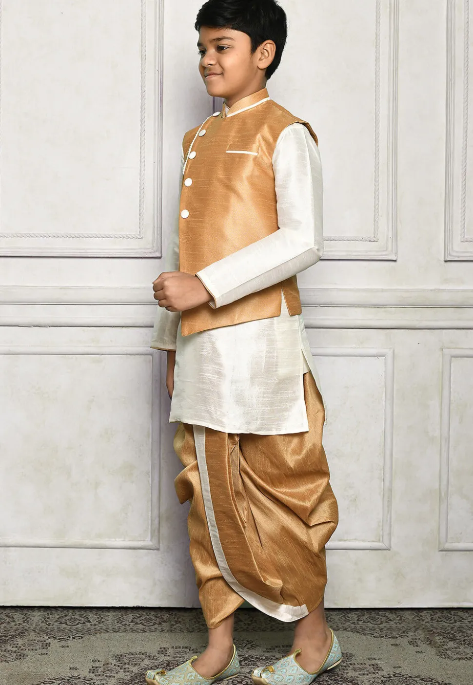 Contrast Trim Dupion Dhoti Kurta Jacket in Off White and Beige