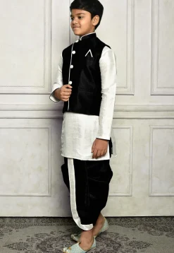 Contrast Trim Dupion Dhoti Kurta Jacket in White and Black