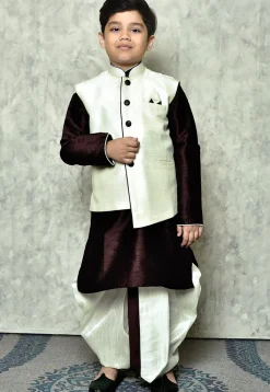 Contrast Trim Dupion Dhoti Kurta Jacket in Wine and Off White