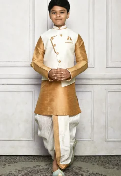 Contrast Trim Dupion Dhoti Kurta Jacket in Beige and Off White