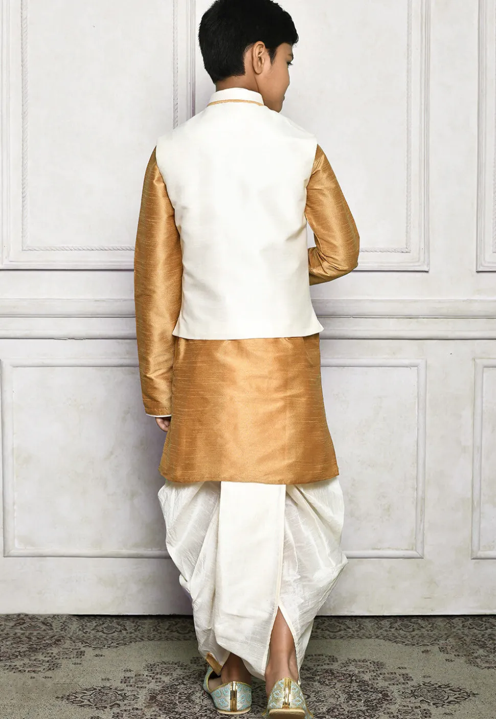 Contrast Trim Dupion Dhoti Kurta Jacket in Beige and Off White