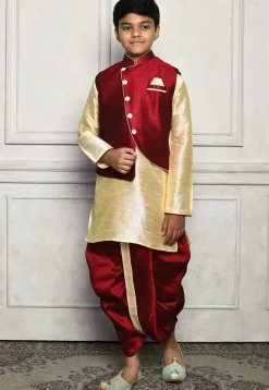 Contrast Trim Dupion Dhoti Kurta Jacket in Beige and Maroon