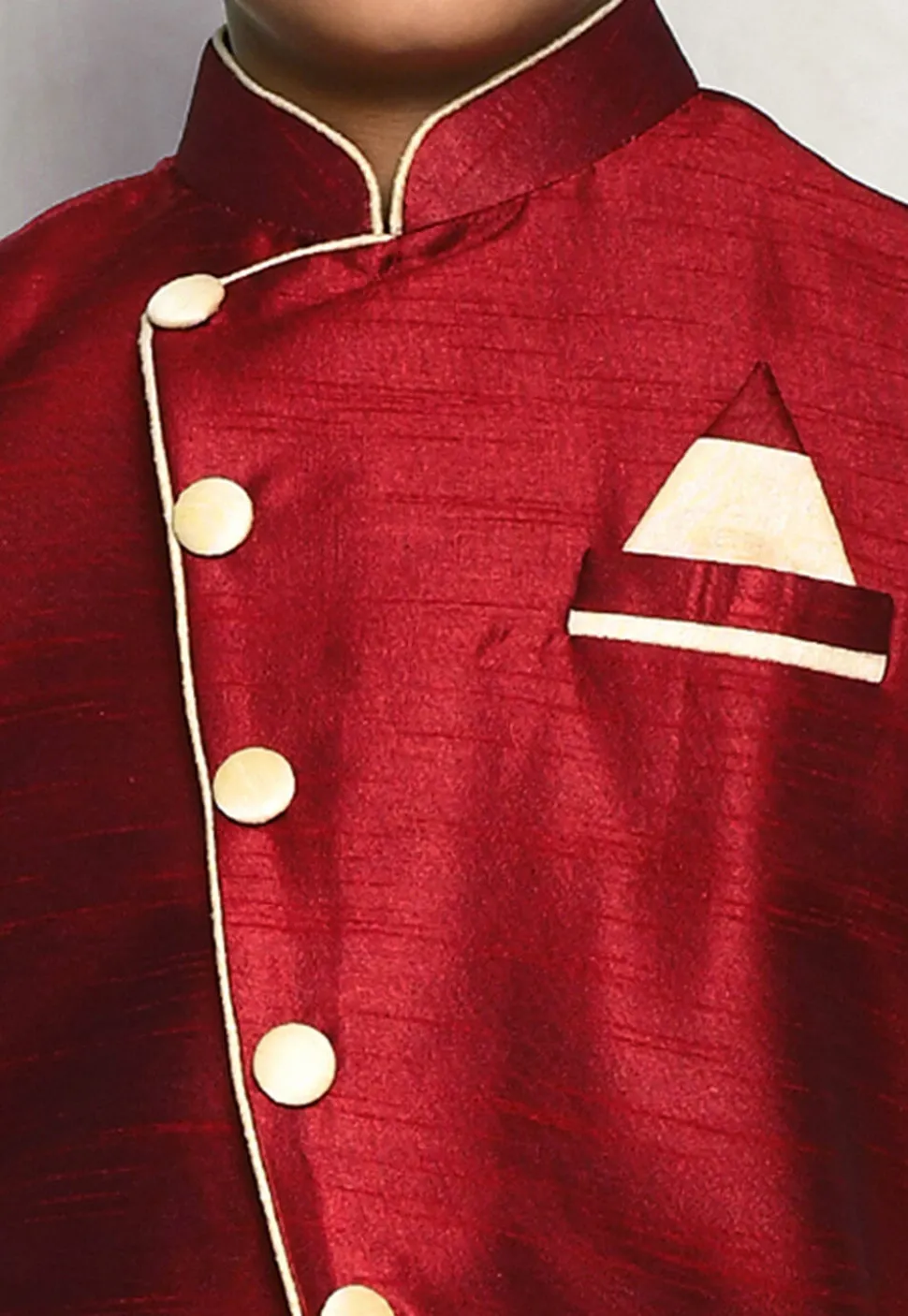Contrast Trim Dupion Dhoti Kurta Jacket in Beige and Maroon
