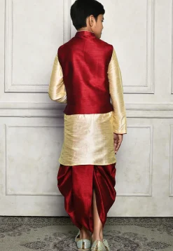 Contrast Trim Dupion Dhoti Kurta Jacket in Beige and Maroon