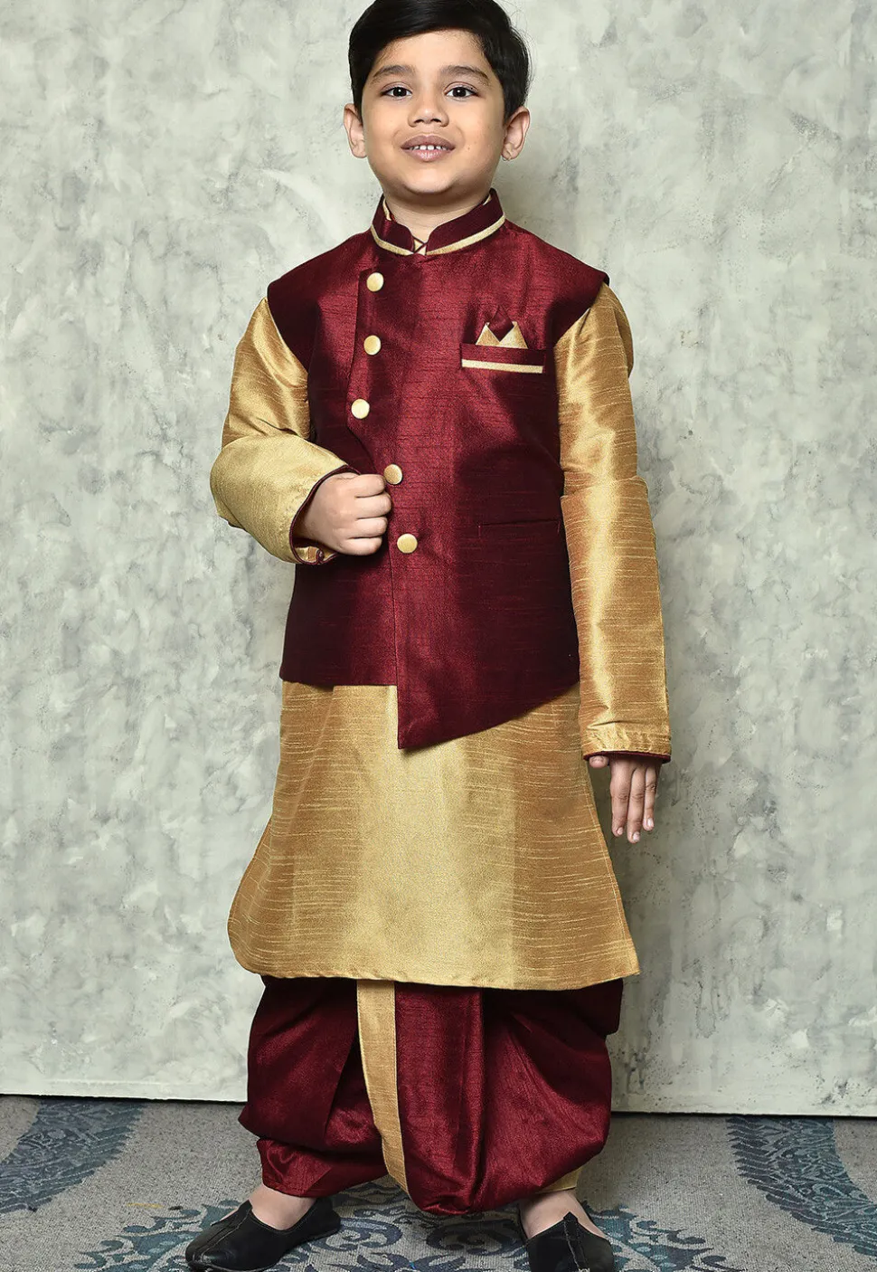 Contrast Trim Dupion Dhoti Kurta Jacket in Beige and Maroon
