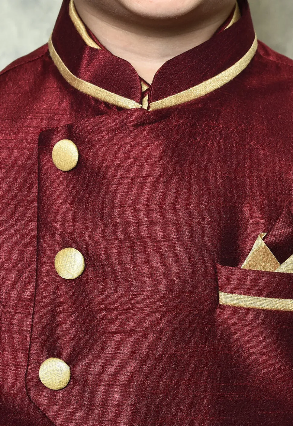 Contrast Trim Dupion Dhoti Kurta Jacket in Beige and Maroon