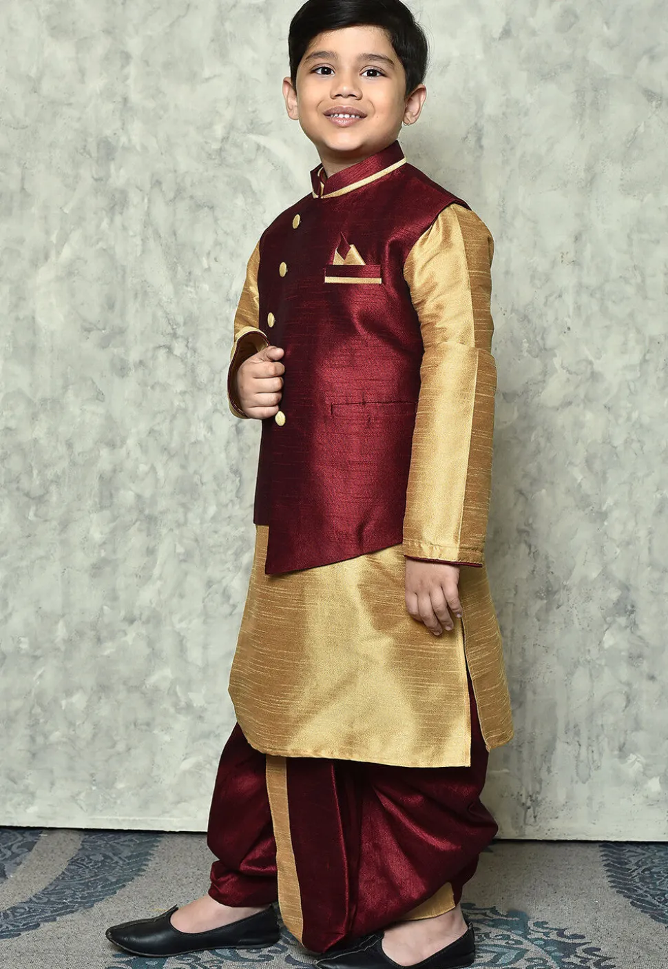 Contrast Trim Dupion Dhoti Kurta Jacket in Beige and Maroon