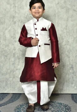 Contrast Trim Dupion Dhoti Kurta Jacket in Maroon and White