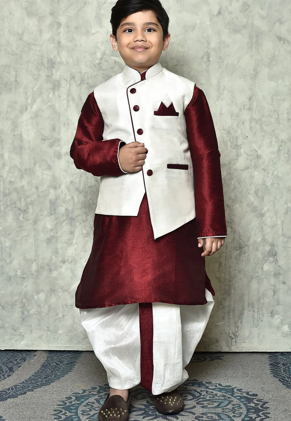 Contrast Trim Dupion Dhoti Kurta Jacket in Maroon and White