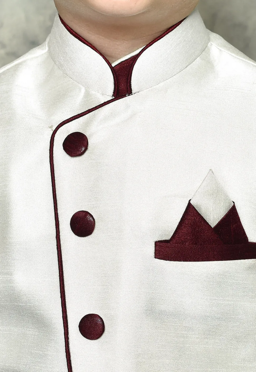Contrast Trim Dupion Dhoti Kurta Jacket in Maroon and White