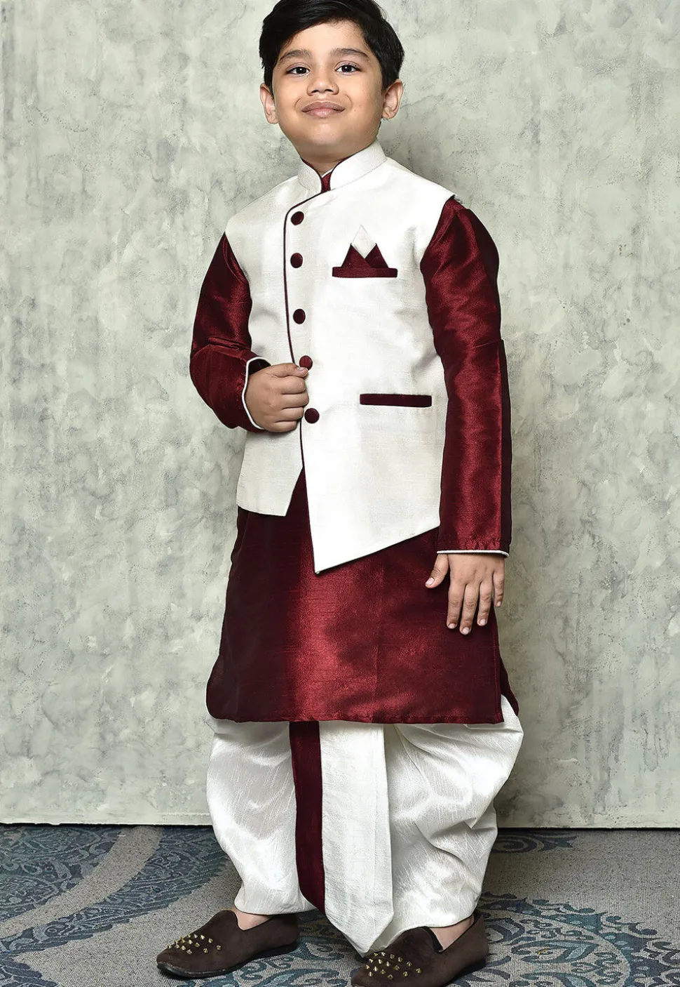 Contrast Trim Dupion Dhoti Kurta Jacket in Maroon and White