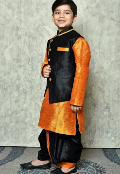 Contrast Trim Dupion Dhoti Kurta Jacket in Orange and Black