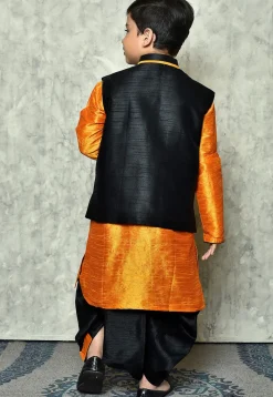 Contrast Trim Dupion Dhoti Kurta Jacket in Orange and Black
