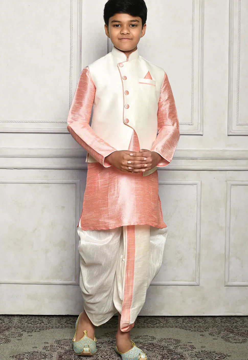 Contrast Trim Dupion Dhoti Kurta Jacket in Peach and Off White