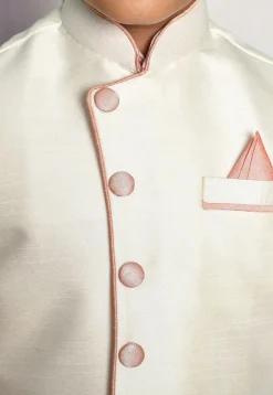 Contrast Trim Dupion Dhoti Kurta Jacket in Peach and Off White