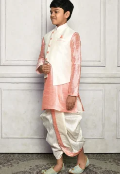 Contrast Trim Dupion Dhoti Kurta Jacket in Peach and Off White
