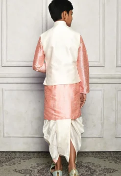 Contrast Trim Dupion Dhoti Kurta Jacket in Peach and Off White