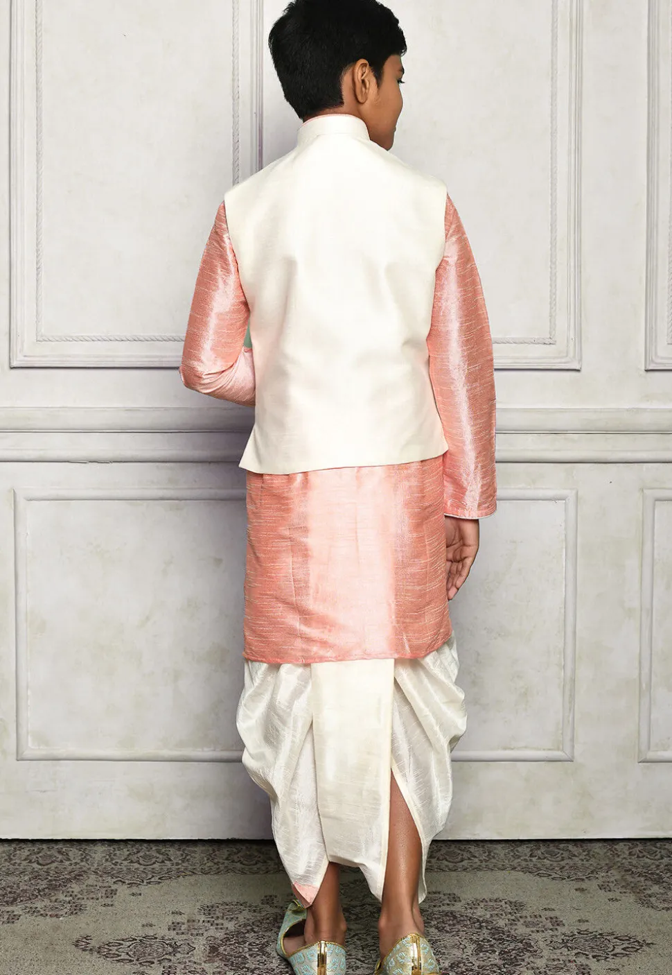 Contrast Trim Dupion Dhoti Kurta Jacket in Peach and Off White