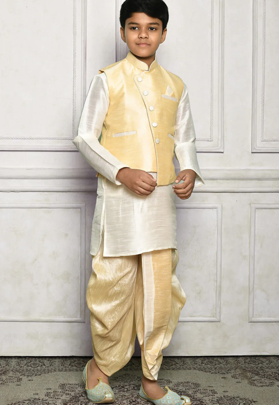 Contrast Trim Dupion Dhoti Kurta Jacket in Off White and Beige