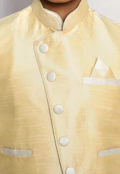 Contrast Trim Dupion Dhoti Kurta Jacket in Off White and Beige
