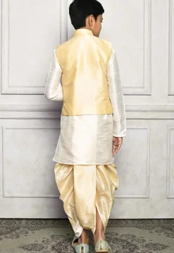 Contrast Trim Dupion Dhoti Kurta Jacket in Off White and Beige