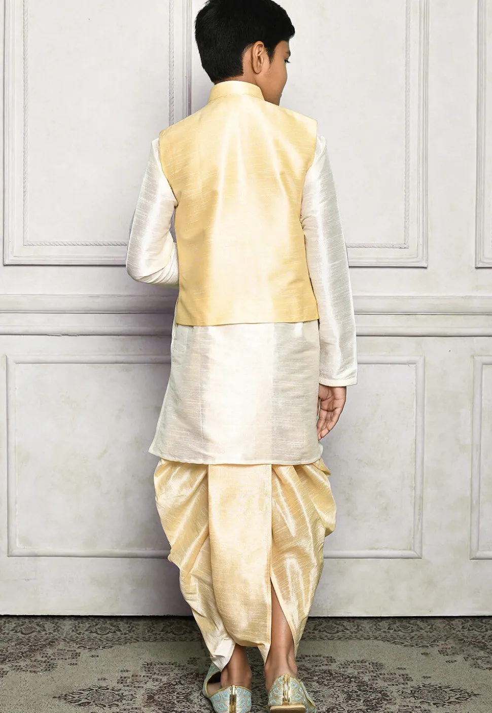 Contrast Trim Dupion Dhoti Kurta Jacket in Off White and Beige