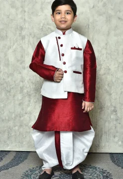 Contrast Trim Dupion Dhoti Kurta Jacket in Maroon and White