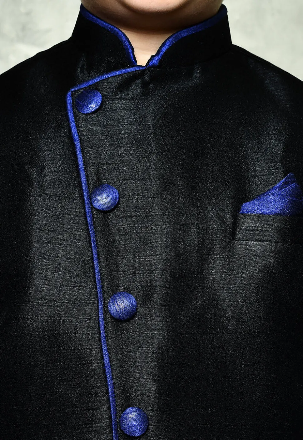 Contrast Trim Dupion Dhoti Kurta Jacket in Royal Blue and Black