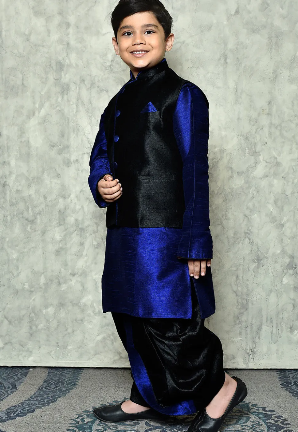 Contrast Trim Dupion Dhoti Kurta Jacket in Royal Blue and Black