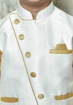 Contrast Trim Dupion Dhoti Kurta Jacket in Beige and Off White