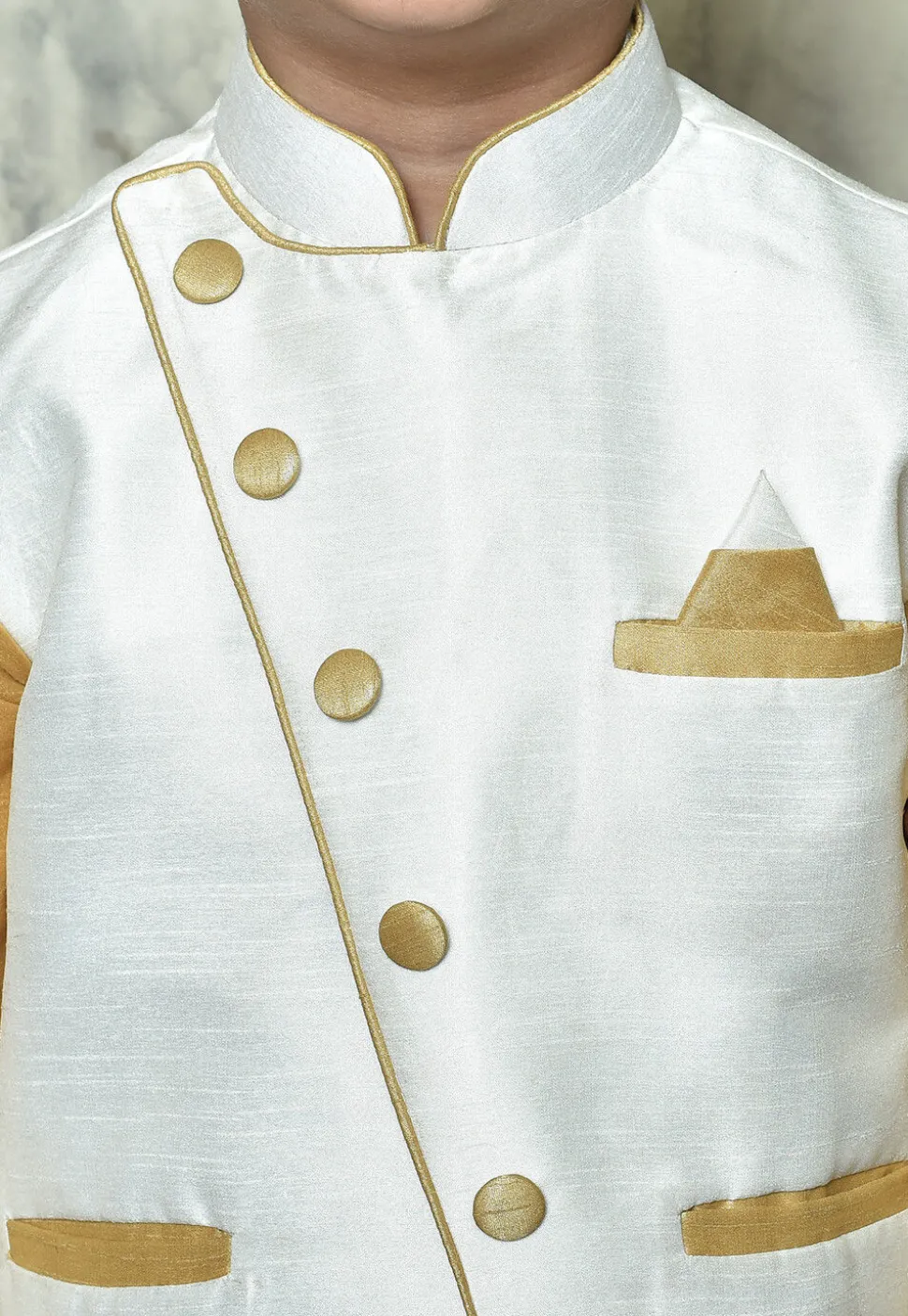 Contrast Trim Dupion Dhoti Kurta Jacket in Beige and Off White
