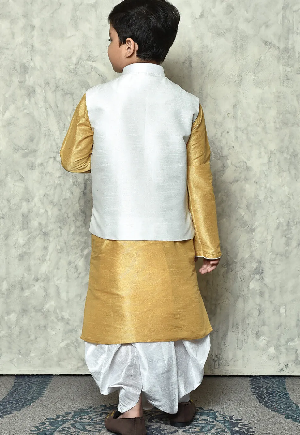 Contrast Trim Dupion Dhoti Kurta Jacket in Beige and Off White