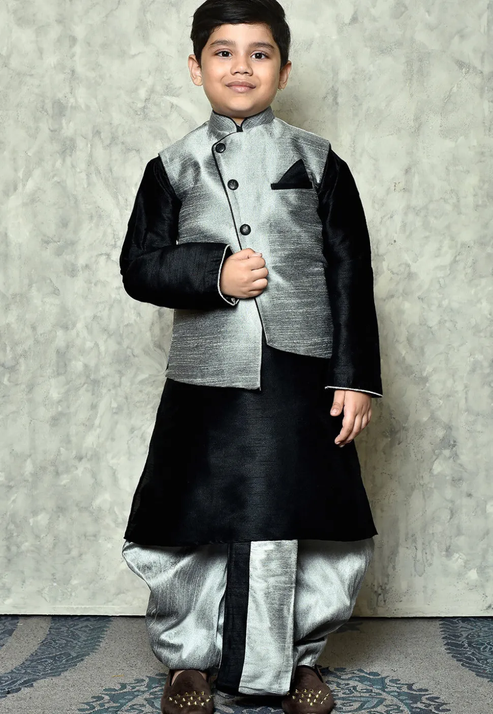 Contrast Trim Dupion Dhoti Kurta Jacket Set in Black and Grey
