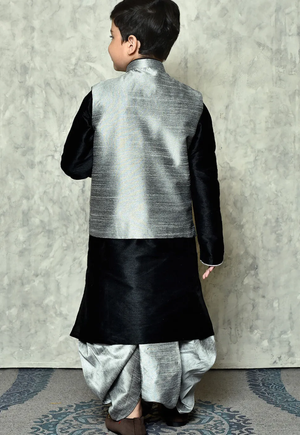Contrast Trim Dupion Dhoti Kurta Jacket Set in Black and Grey